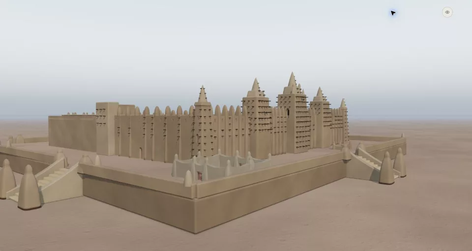 Aperçu isolé de la Grande Mosquée de Djenné, de sa terrasse et de ses enclos.