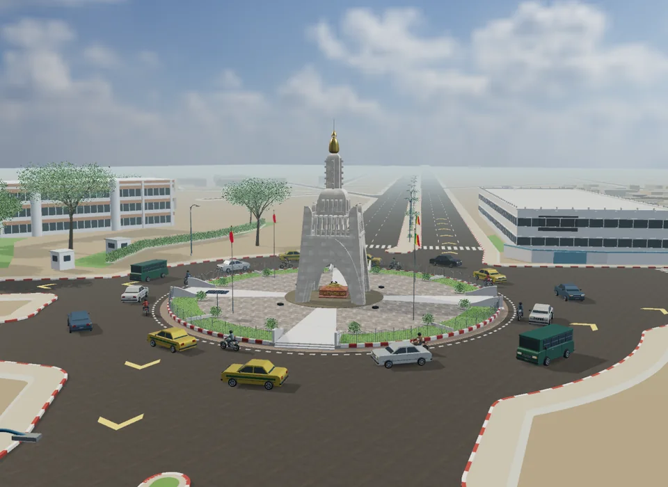 Aperçu de la reconstitution 3D du Monument de l’Indépendance et de son rond-point.