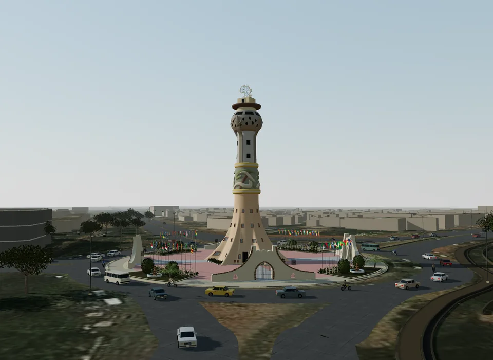 Aperçu de la reconstitution 3D de la Tour d’Afrique au rond-point de Faladié.